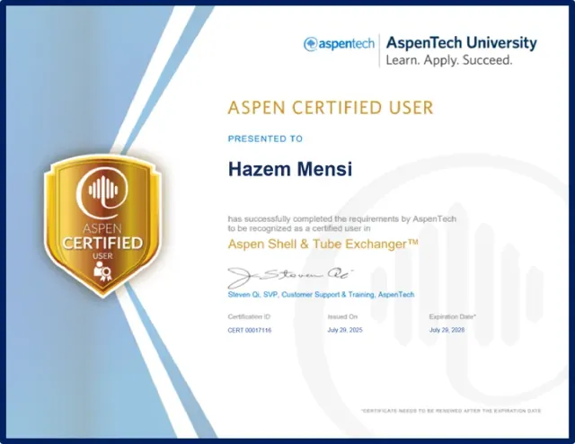 Aspen Certified User in Aspen Shell & Tube Exchanger™ (EDR)