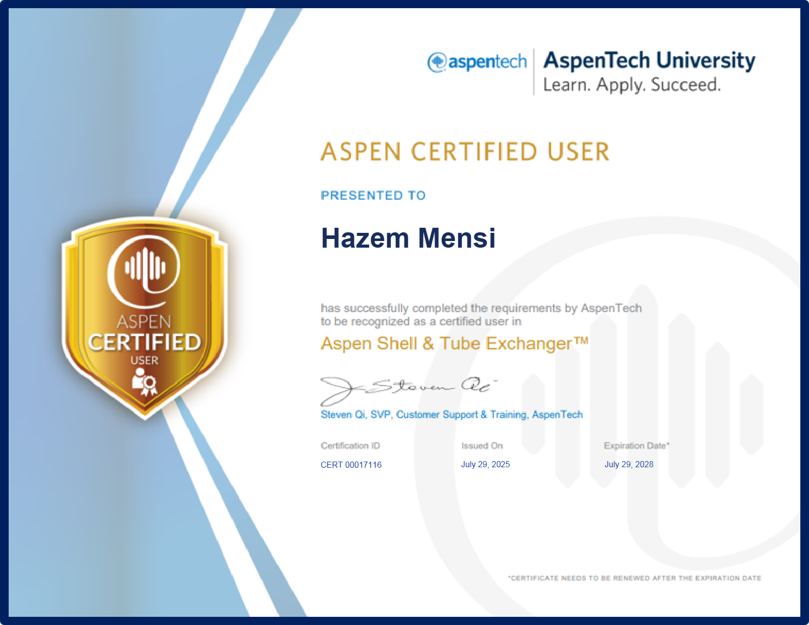 Aspen Certified User in Aspen Shell & Tube Exchanger™ (EDR)