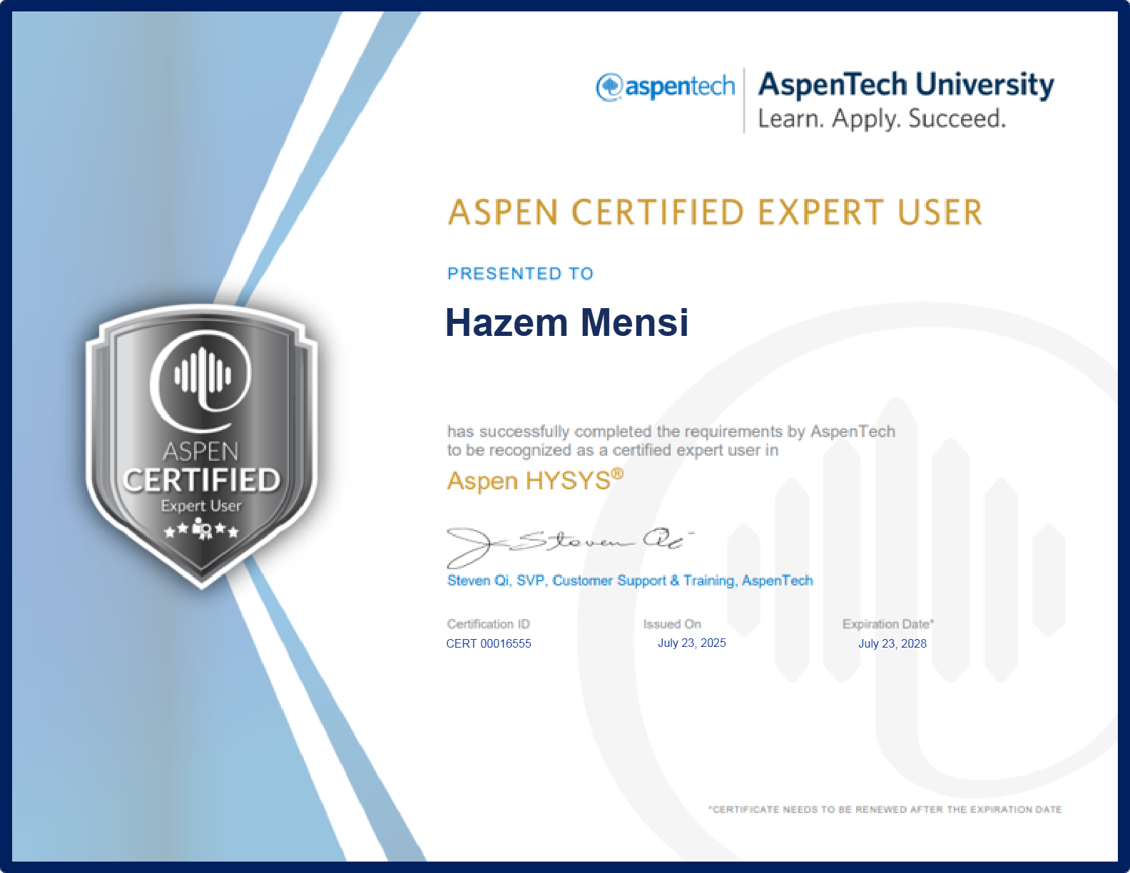 Aspen Certified Expert User in Aspen HYSYS®